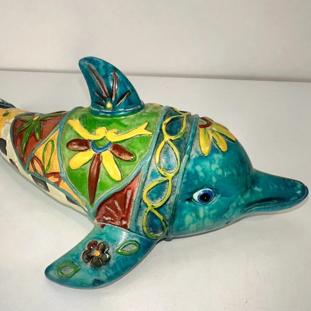 DOLPHIN MEXICAN FOLK Art Ceramic Figure Boho Y2K Decor Colorful 8